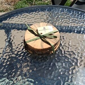 Handcrafted Pine Wood Slice Coasters with Green Ribbon